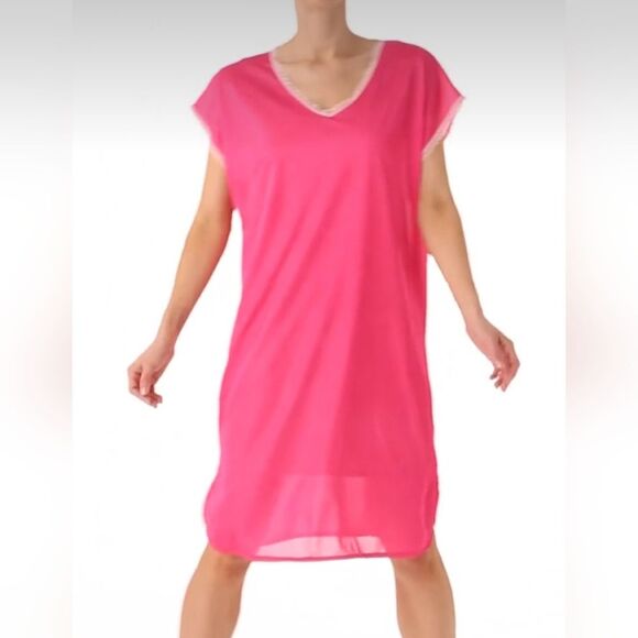 Amerimark Semi-transparent Silky V-neck Short Sleeve Nightie Lightweight Pink XL - Picture 2 of 9